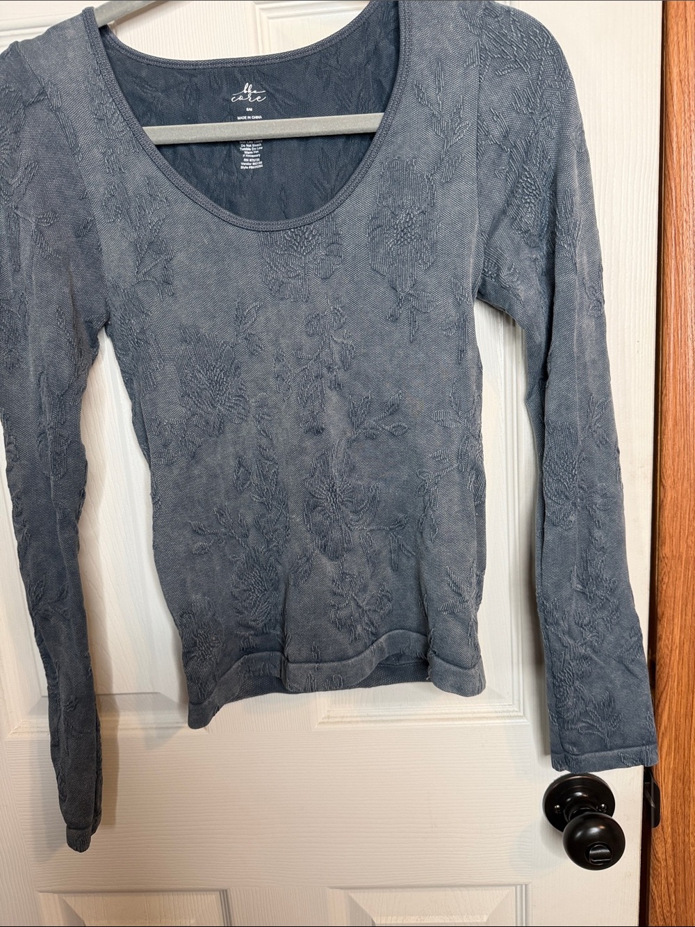 Elle Scoop Neck Long Sleeve Top in Slate Blue with Textured Floral Detail